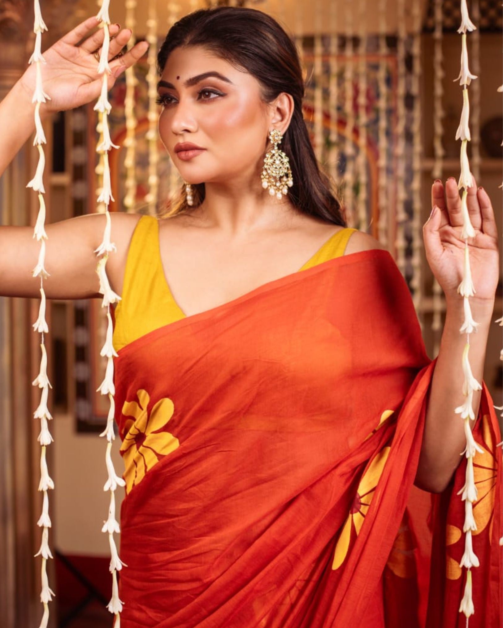 Ziyorah | Mul Cotton Hand Painted Orange Saree