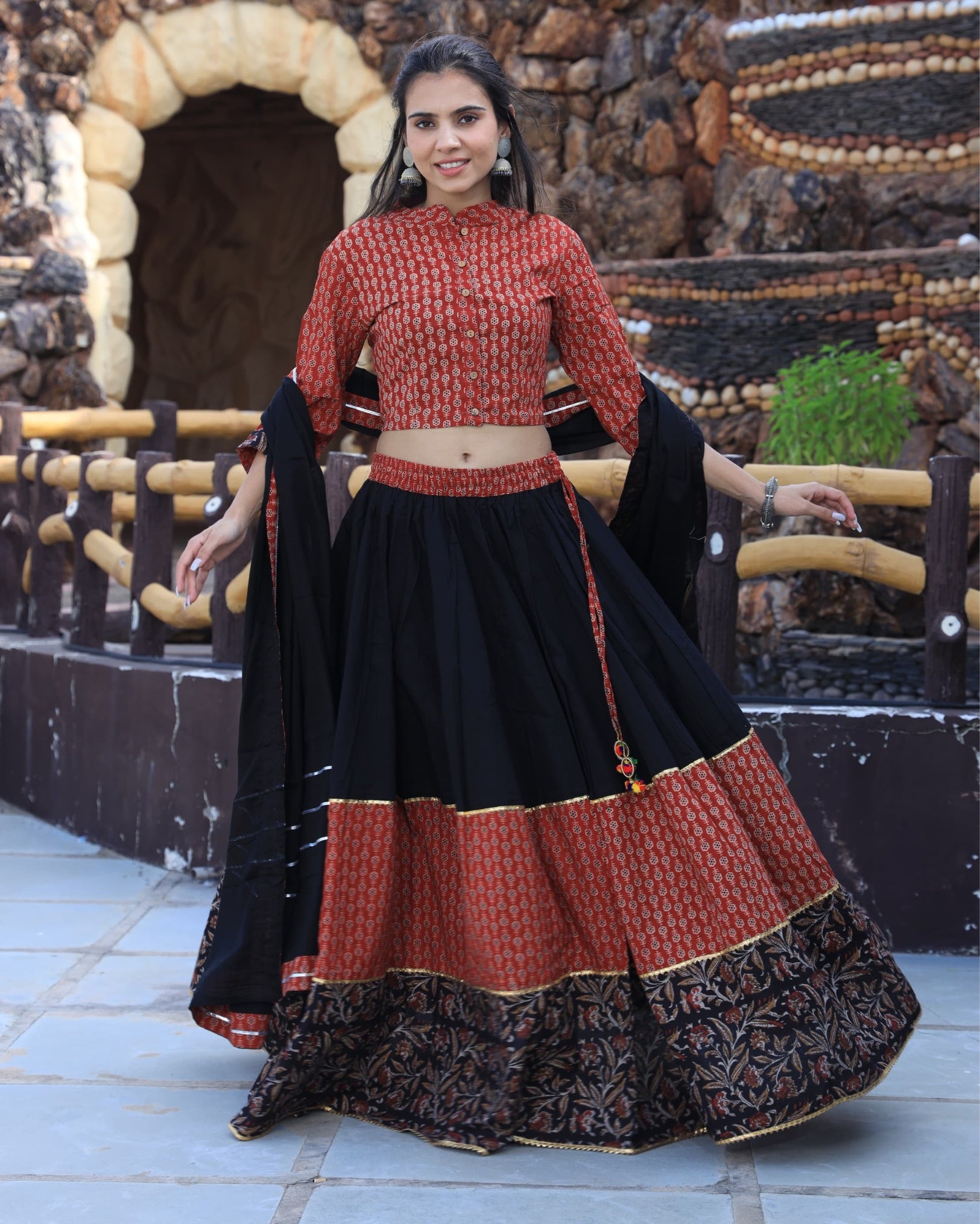 Ziyorah | Blockprinted Cotton Black & Brown Lehanga Choli Set