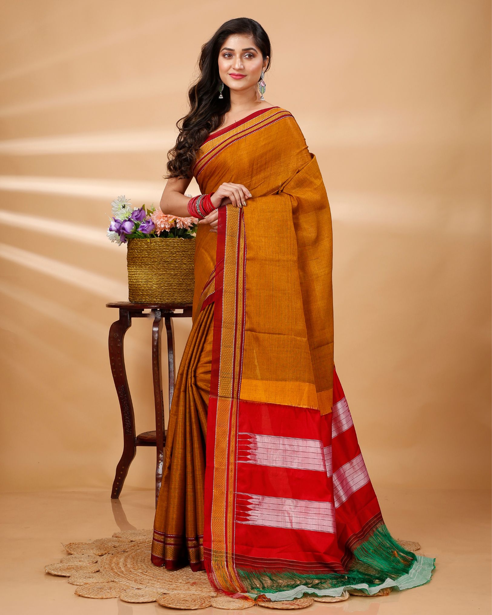 Ziyorah| Ilkal Handloom Cotton Silk Saree Mustard Orange Color With Running Blouse