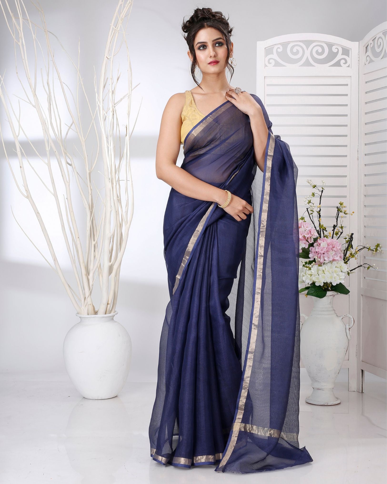 Ziyorah | Kota Silk Blue Saree Plain With Running Blouse