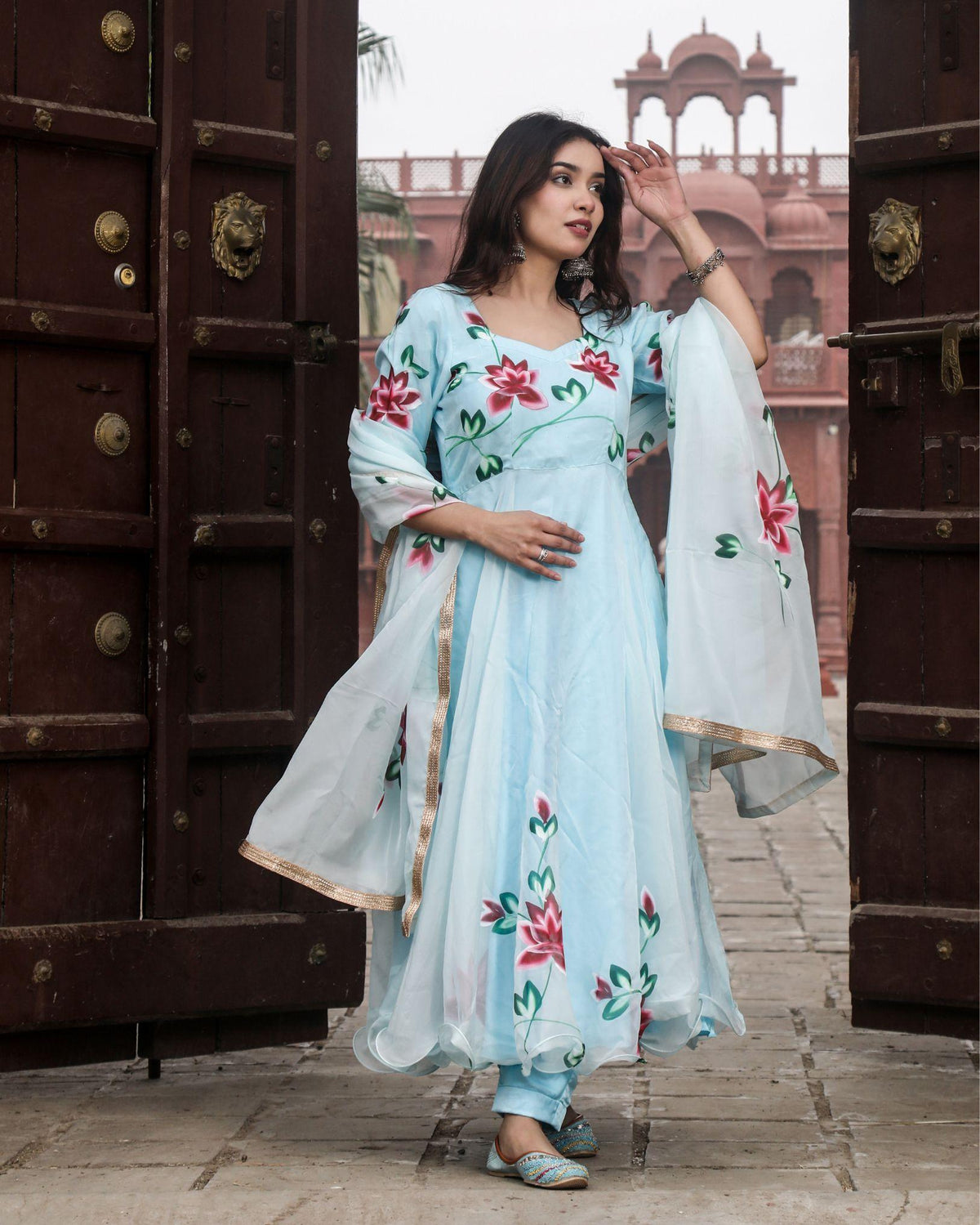 Ziyorah| Organza Light Blue Suit Hand Painted Three Quarter Length Sleeve