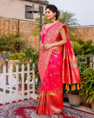 Ziyorah| Banarasi Silk Saree Dark Pink Color With Contrast Pallu And Blouse