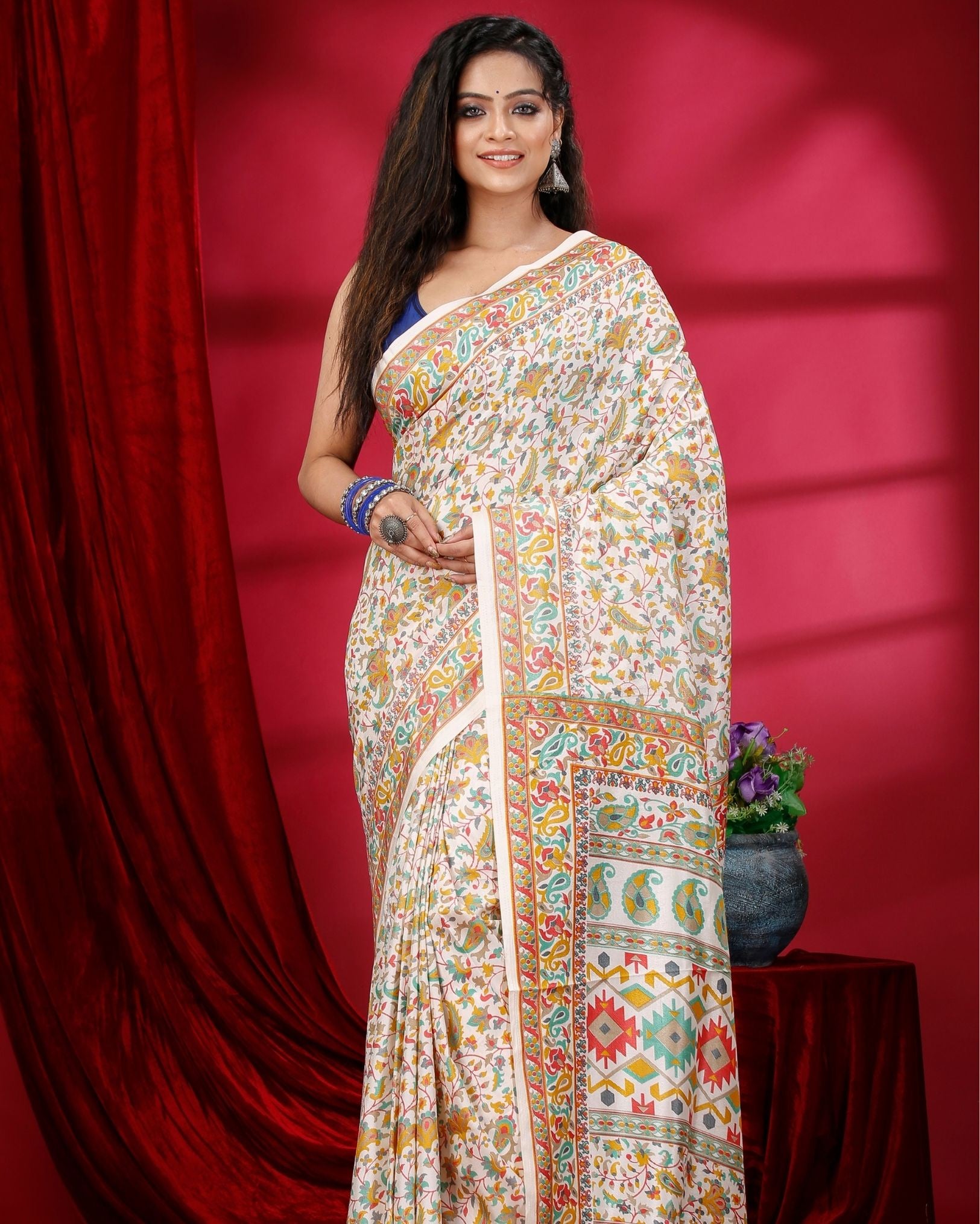 Ziyorah | Kashmiri Silk Off White Printed Saree