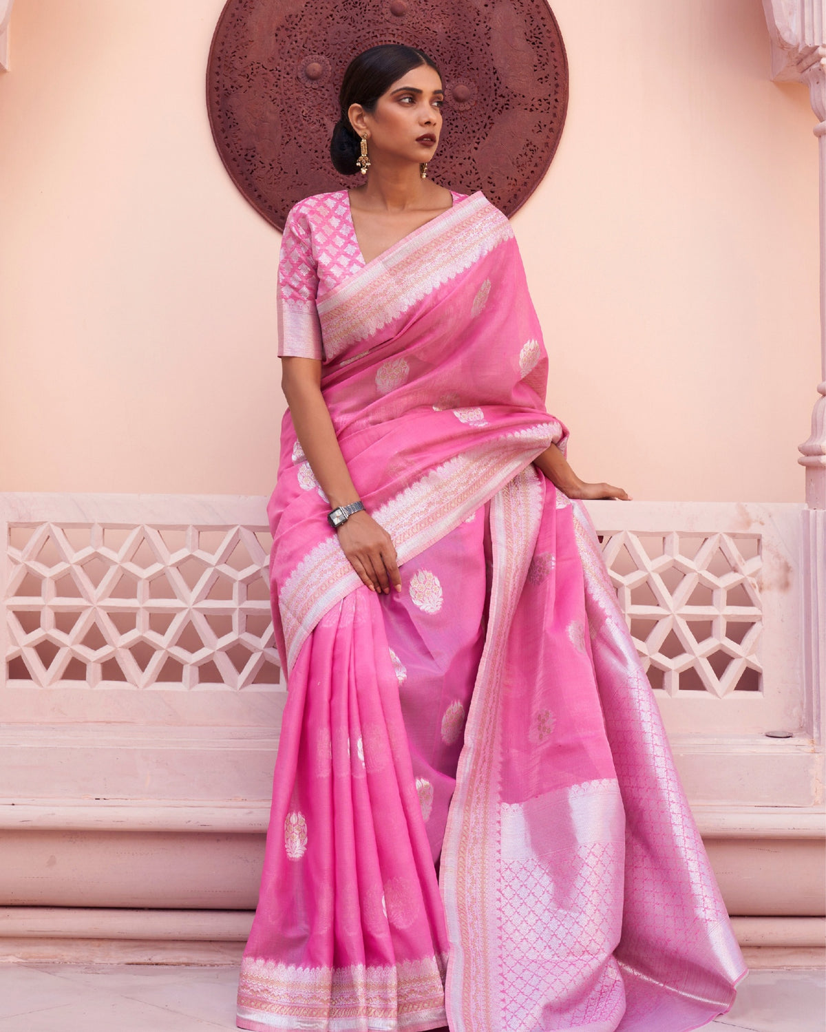 Ziyorah | Silk Linen Banarasi Brocade Pink Saree