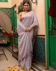 Ziyorah | Mul Cotton Plain Saree Lavendar with Tassel