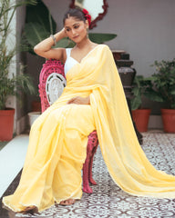 Ziyorah | Mul Cotton Plain Saree Yellow with Tassel