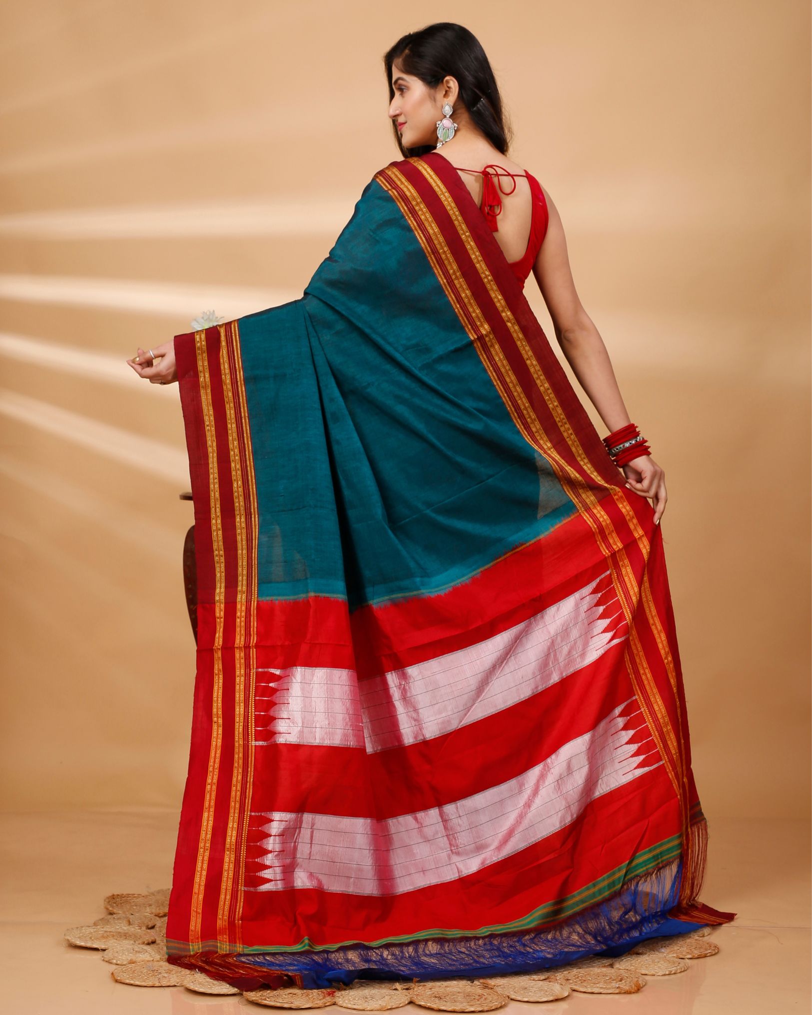 Ziyorah| Ilkal Handloom Cotton Silk Saree Dark Turquoise Color With Running Blouse