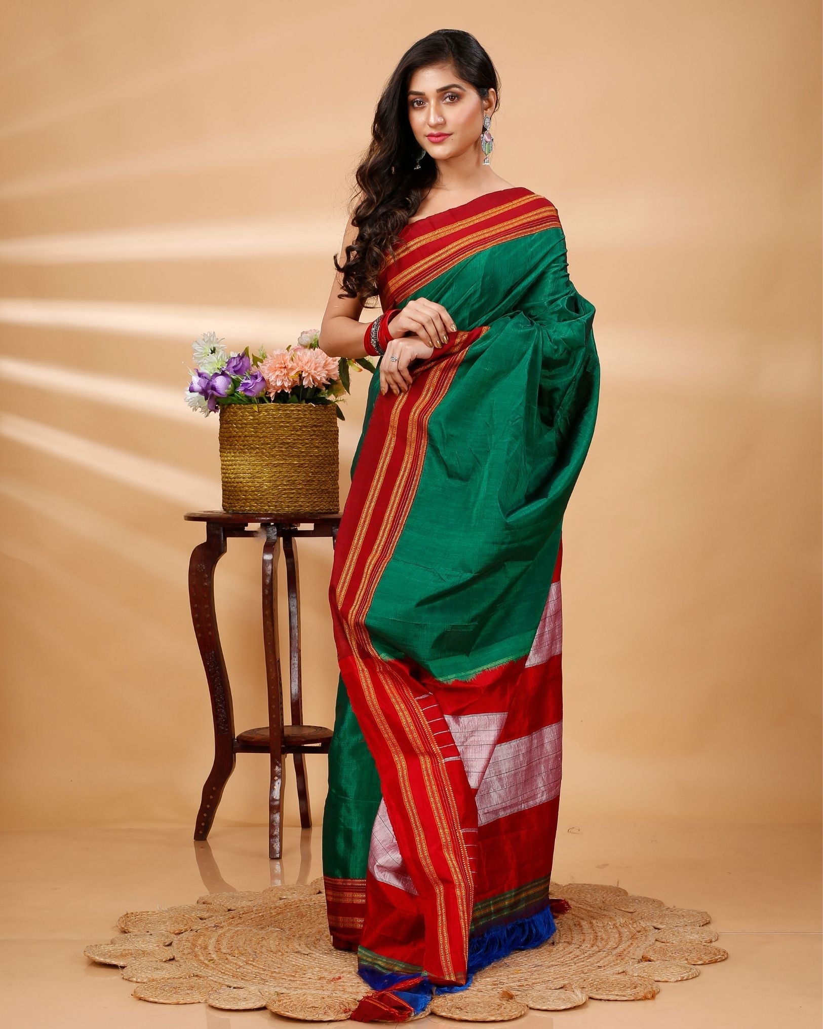 Ziyorah| Ilkal Handloom Cotton Silk Saree Dark Green Color With Running Blouse