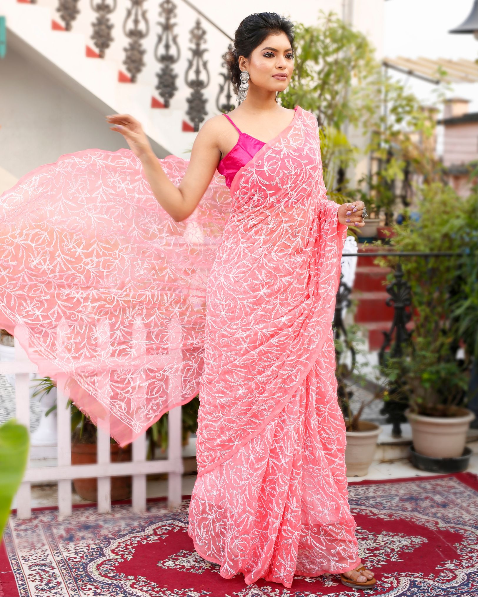 Ziyorah| Georgette Handcrafted Saree Candy Pink Color Tepchi Work With Running Blouse