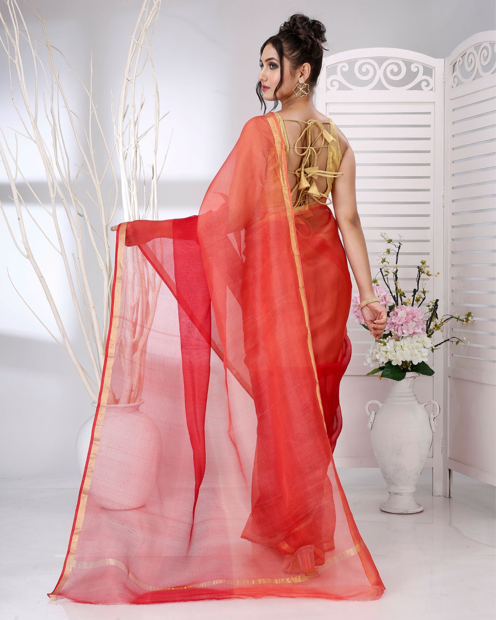 Ziyorah | Kota Silk Orange Saree Plain With Running Blouse