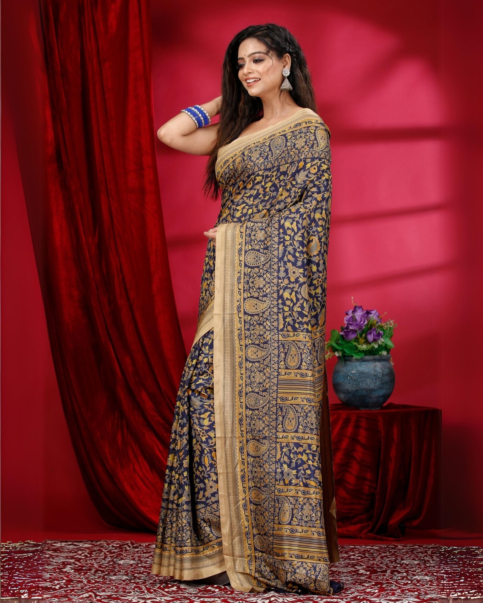 Ziyorah | Kashmiri Silk Navy Blue Printed Saree