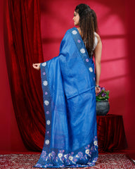 Ziyorah | Silkmark Certified Pure Tussar Blue Cutwork Saree