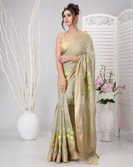 Ziyorah | Banswara Silk Pale Olive Green Saree Lotus Embroidery Running Blouse