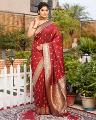 Ziyorah| Banarasi Silk Saree Maroon Color With Allover Buti And Blouse