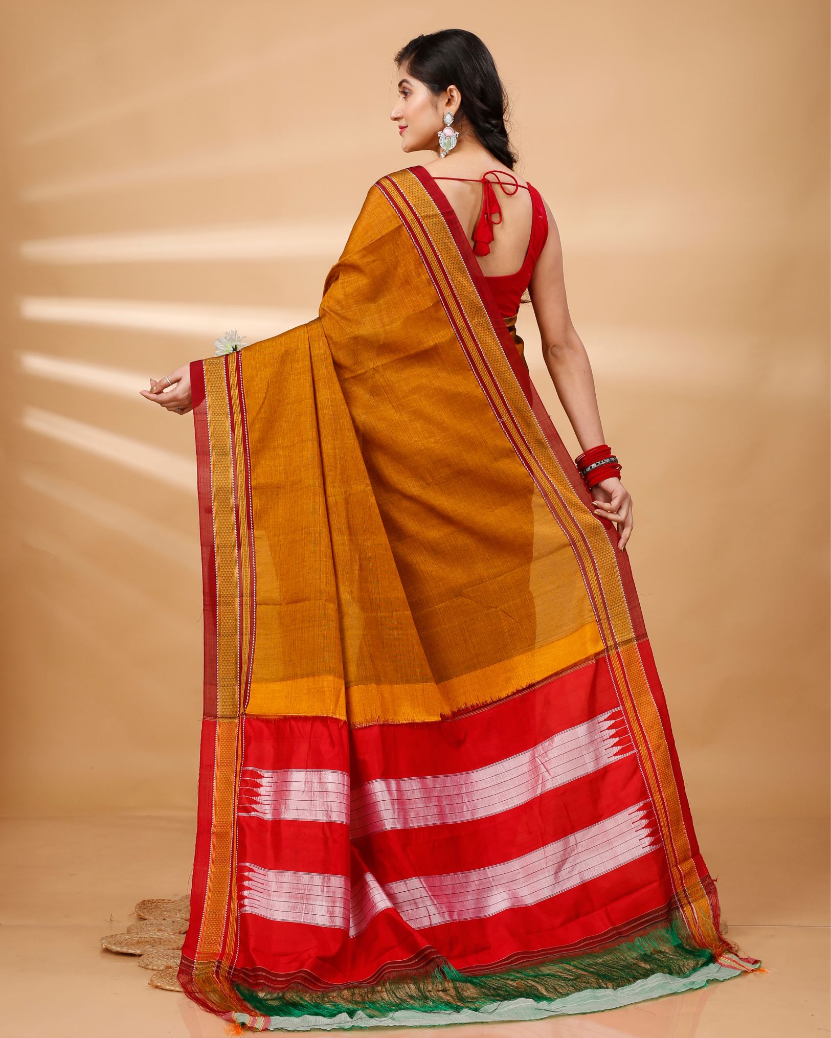 Ziyorah| Ilkal Handloom Cotton Silk Saree Mustard Orange Color With Running Blouse