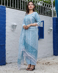 Ziyorah| Kota Doria Blue Suit Handblock Printed 3/4Th Sleeve