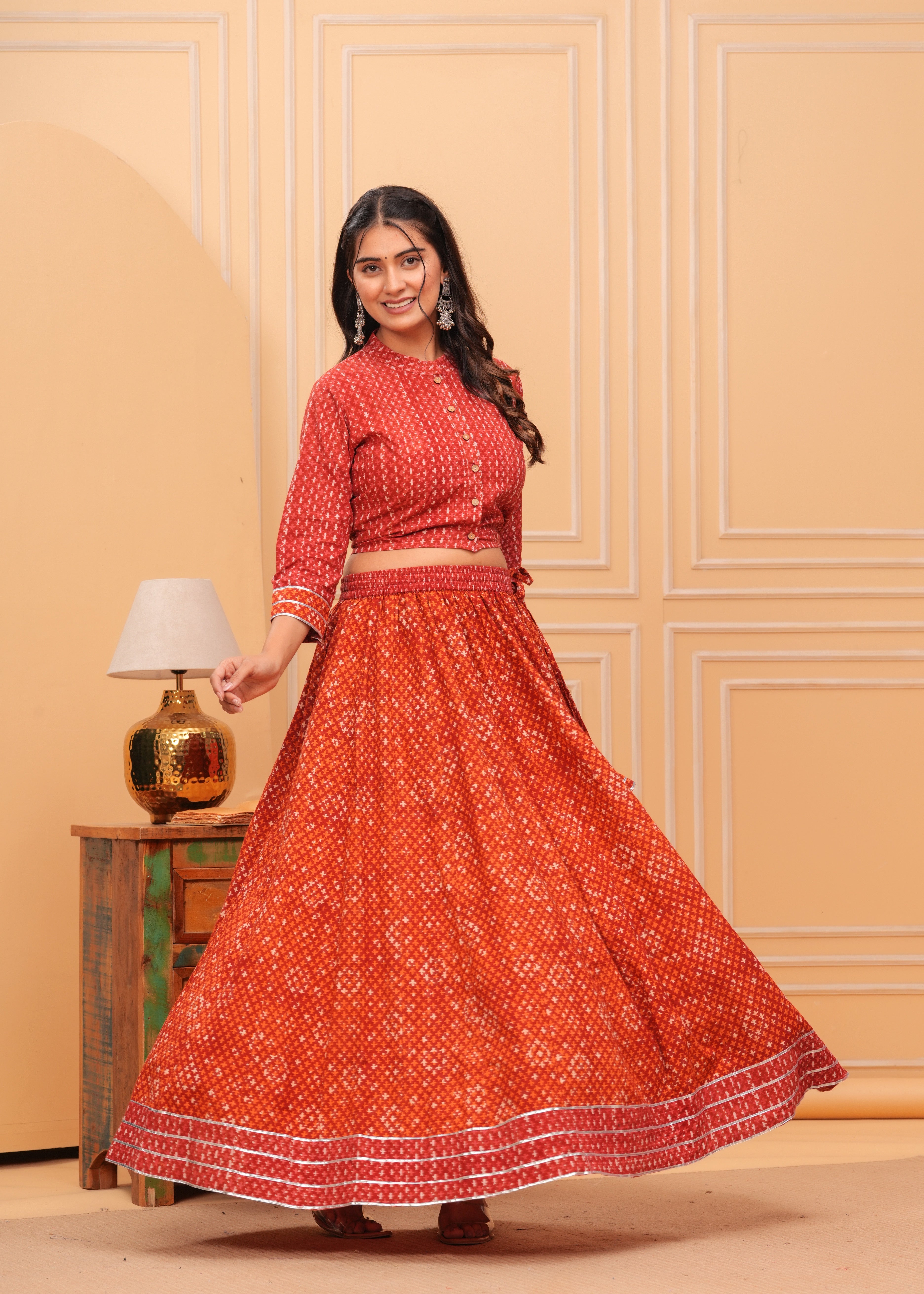 Ziyorah | Blockprinted Orange Lehanga Choli Set