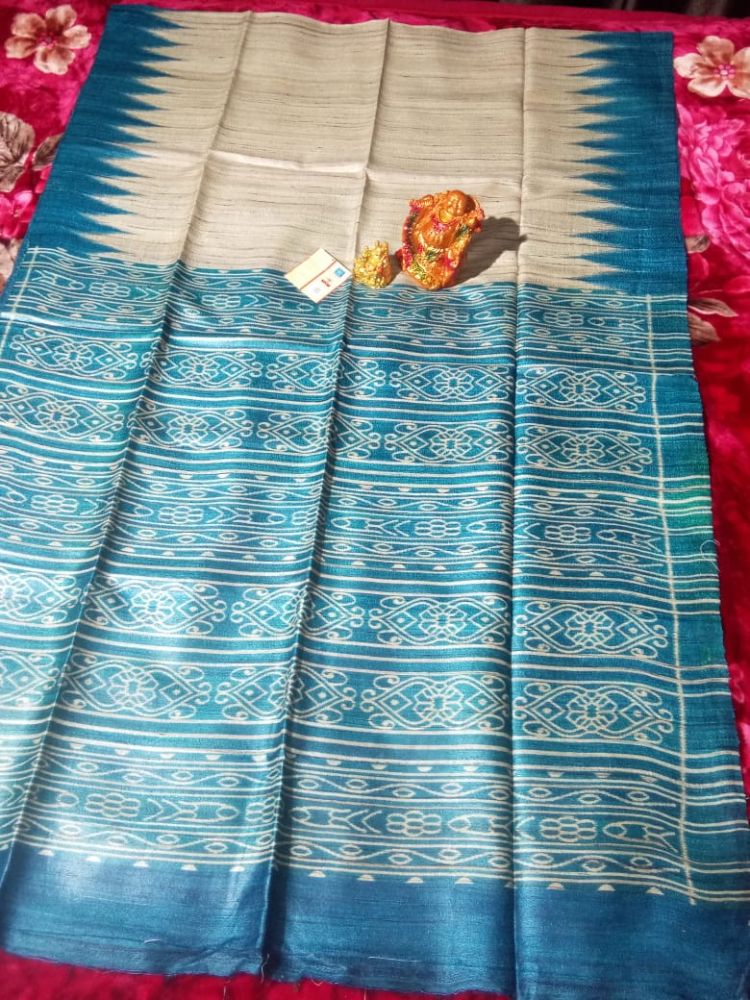 Ziyorah| Silkmark Certified Tussar Silk Handloom Handblock Printed Beige & Blue Saree With Blouse