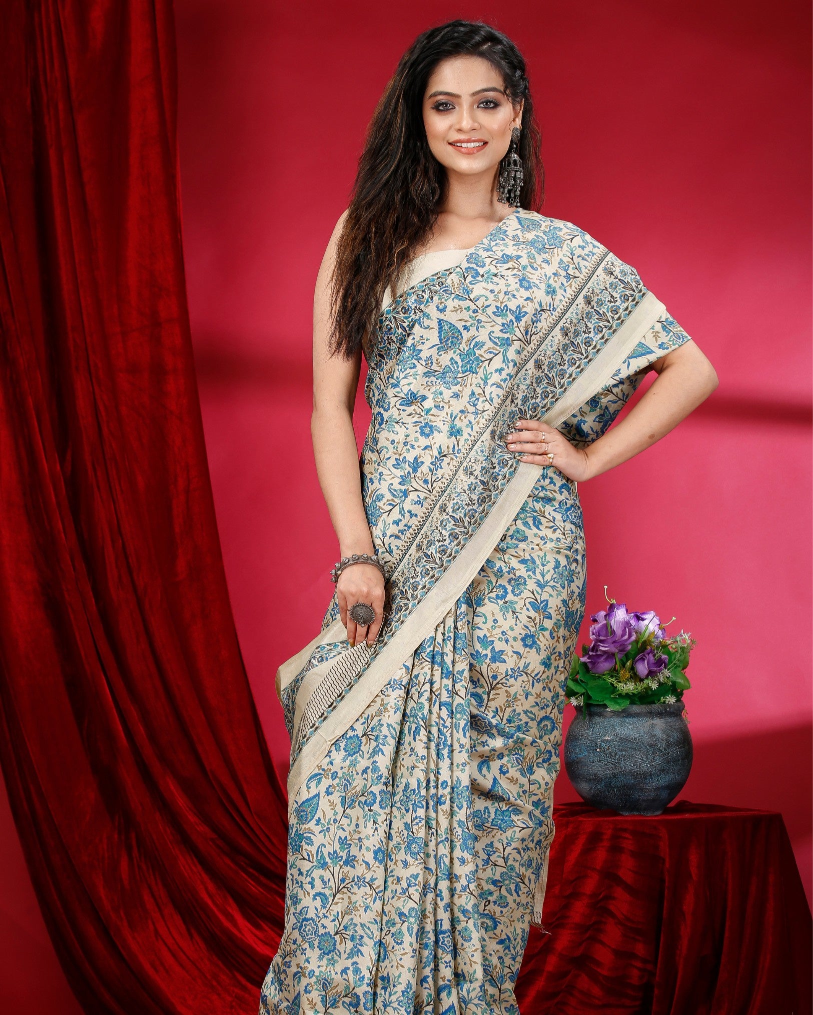 Ziyorah | Kashmiri Silk Beige & Blue Printed Saree