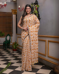 Ziyorah | Mul Cotton Printed Saree Orange & White