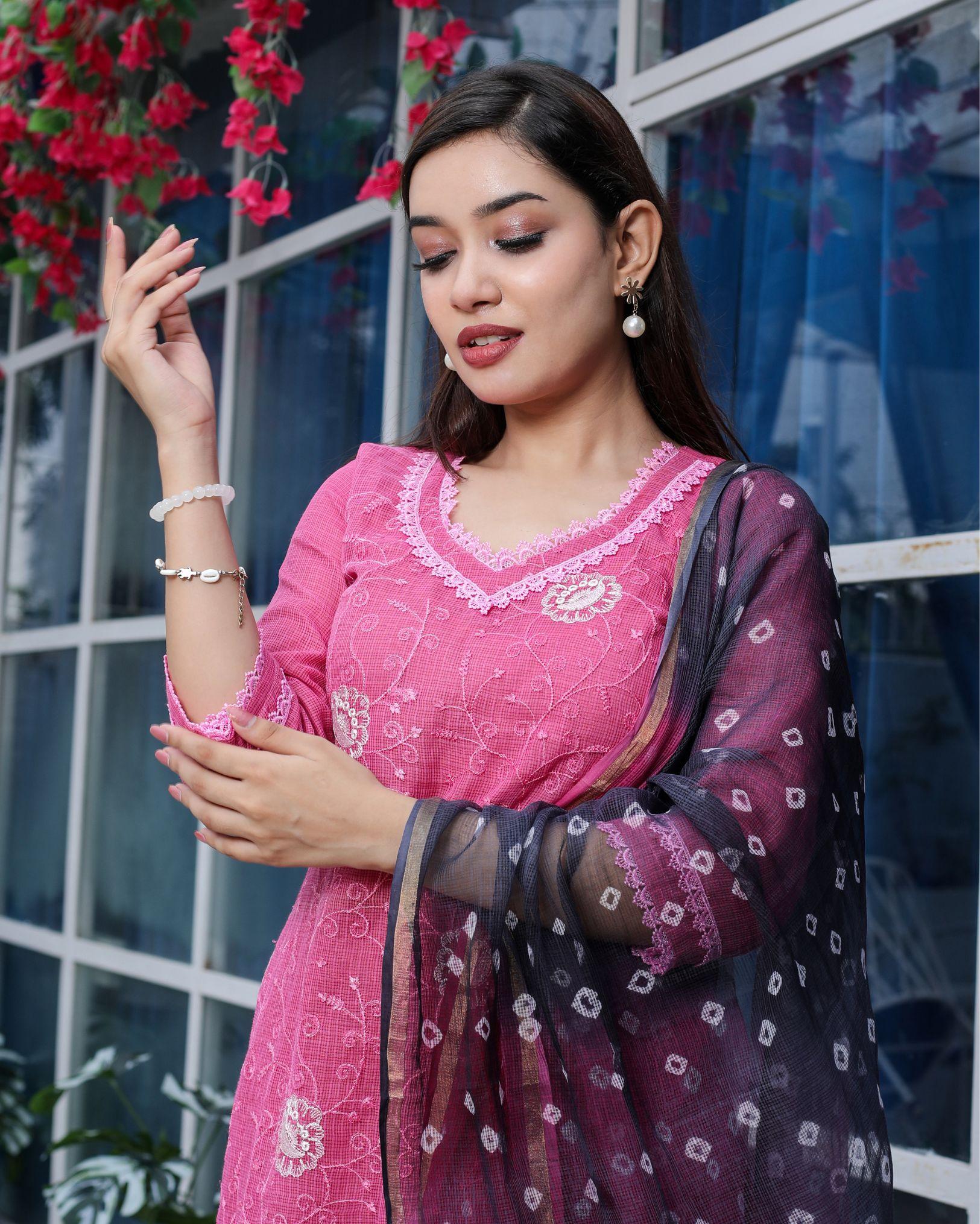 Ziyorah| Kota Doria Pink Suit Stitch Embroidery 3/4Th Sleeve