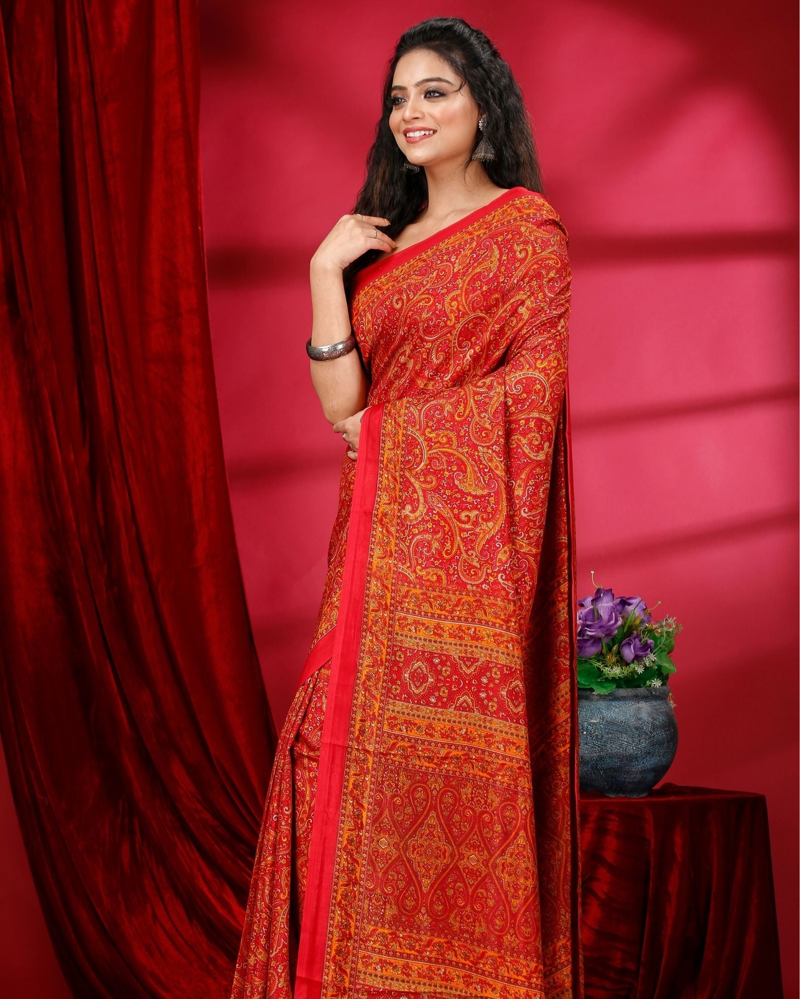 Ziyorah | Kashmiri Silk Red Printed Saree