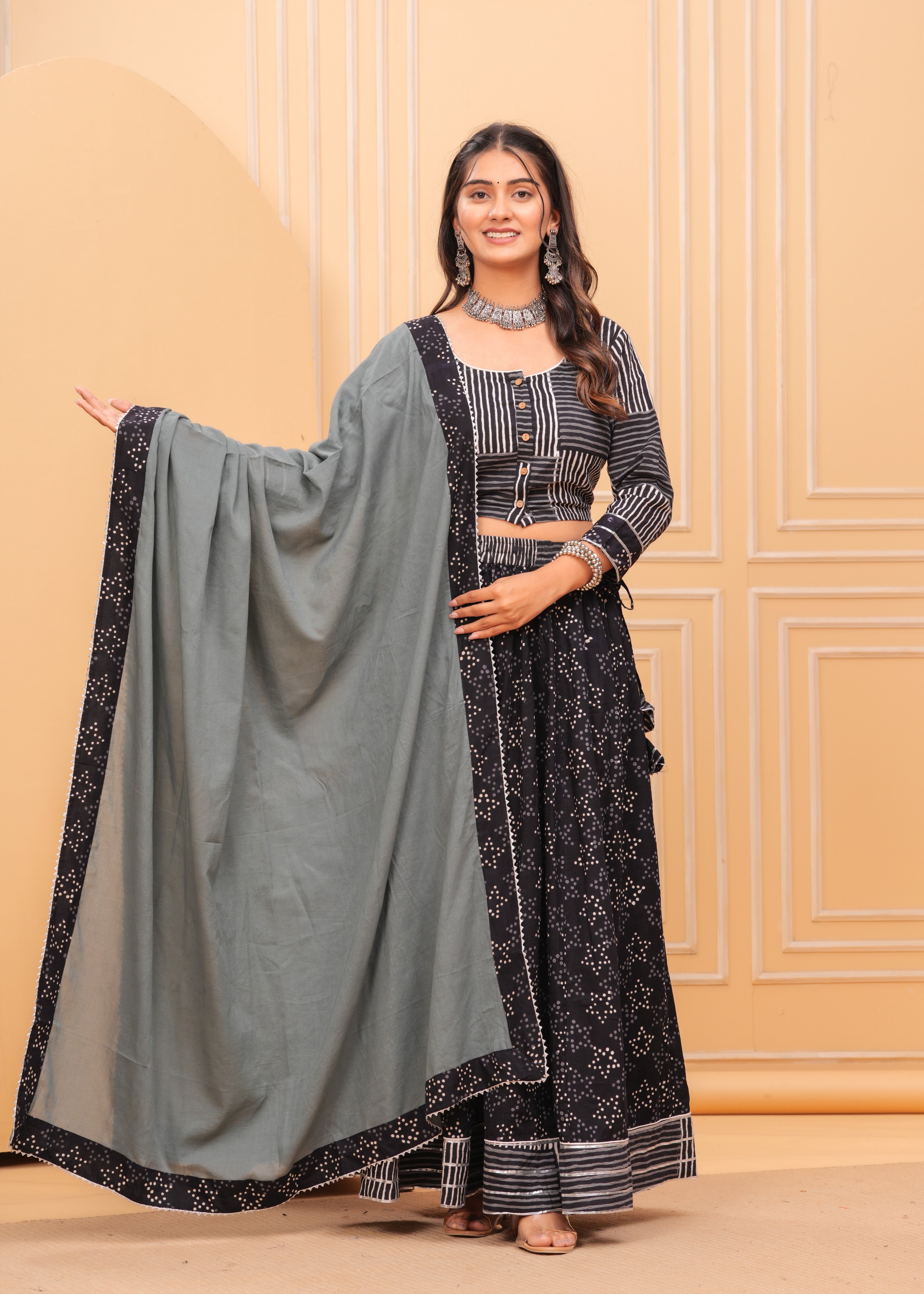 Ziyorah | Blockprinted Black Lehanga Choli Set