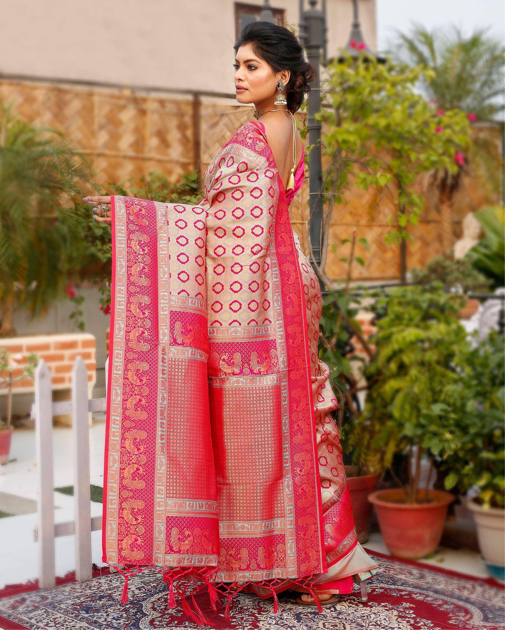 Ziyorah| Banarasi Silk Saree Pink & Gold Color With Contrast Pallu And Blouse