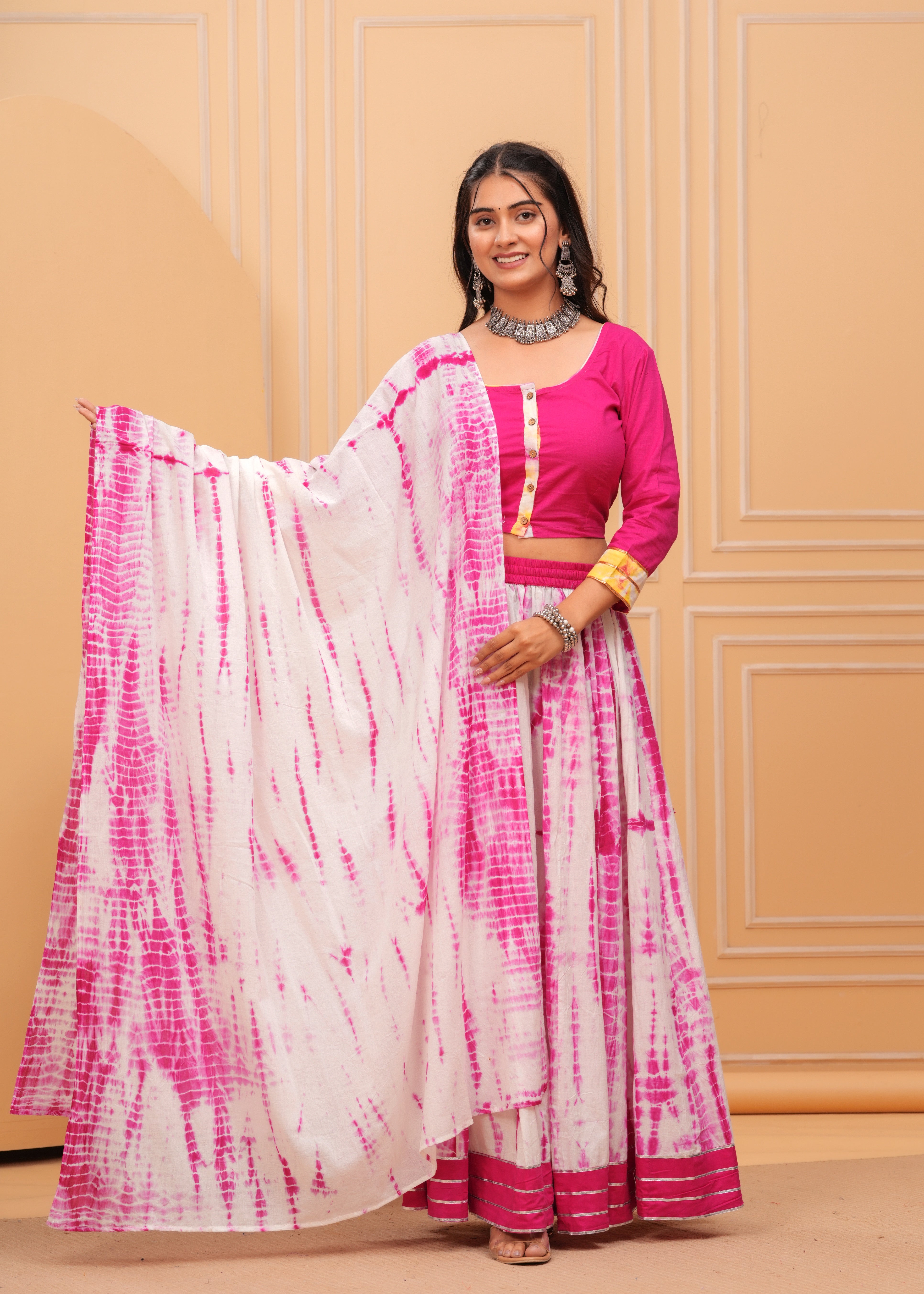 Ziyorah | Blockprinted Pink & White Lehanga Choli Set