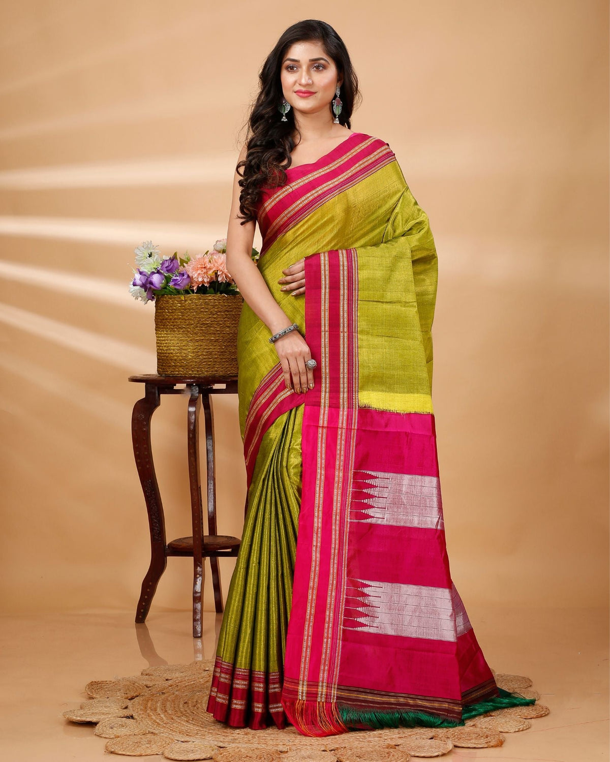 Ziyorah| Ilkal Handloom Cotton Silk Saree Olive Green Color With Running Blouse