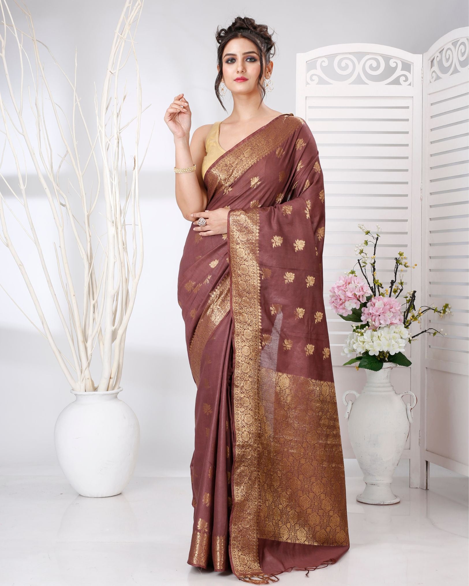 Ziyorah | Banarasi Katan Silk Brown Saree Jaquard Weaving Running Blouse