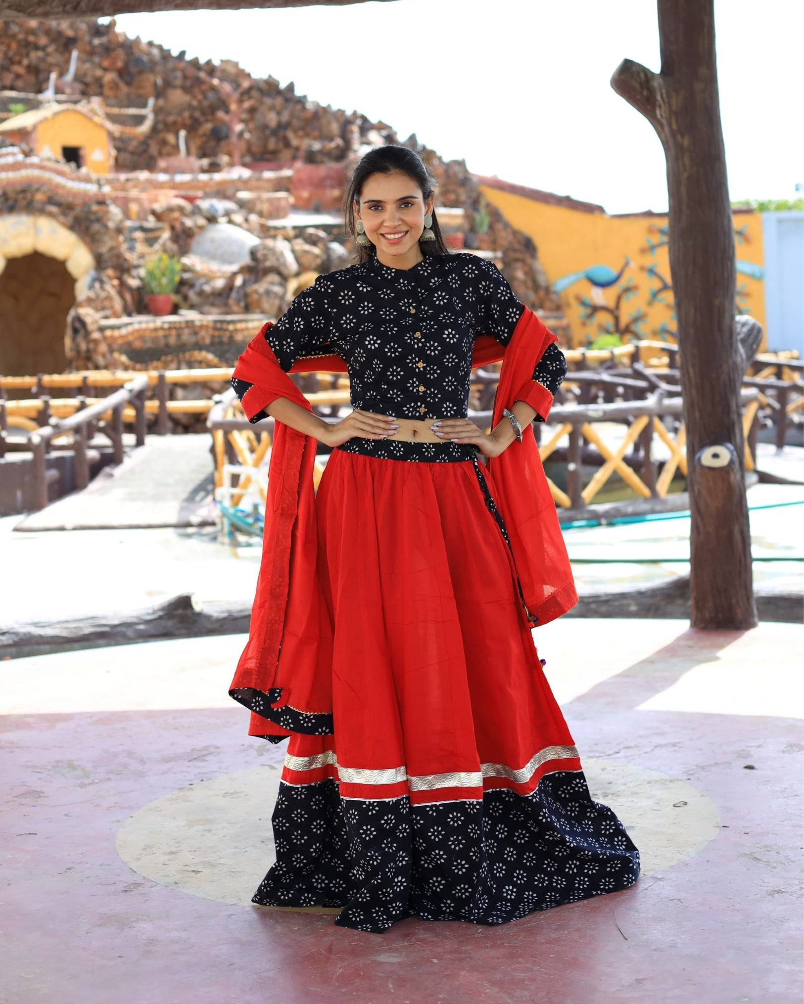 Ziyorah | Blockprinted Cotton Black & Red Lehanga Choli Set