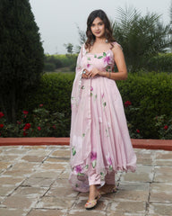 Ziyorah| Organza Pink Suit Hand Painted Three Quarter Length Sleeve