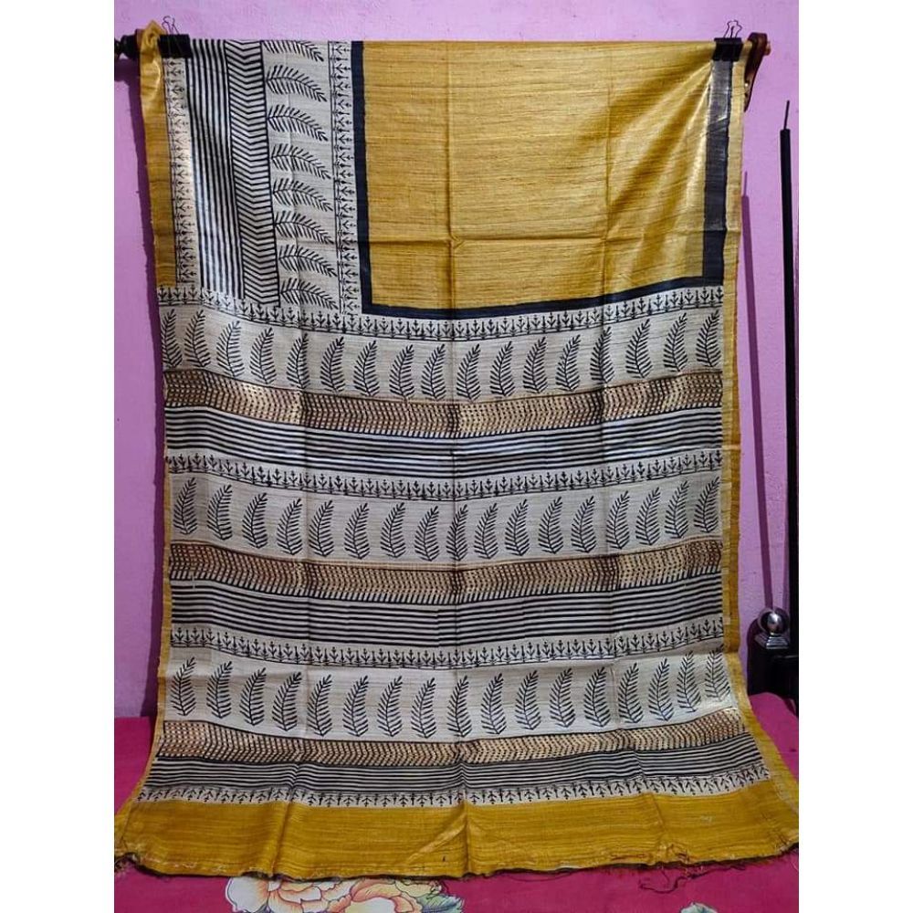 Ziyorah| Silkmark Certifiied Tussar Silk Handloom Handblock Printed Dark Yellow & Spanish Grey Colours Saree With Blouse