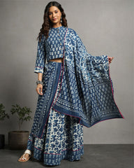 Ziyorah | Blockprinted Cotton Indigo Stitched Lehanga