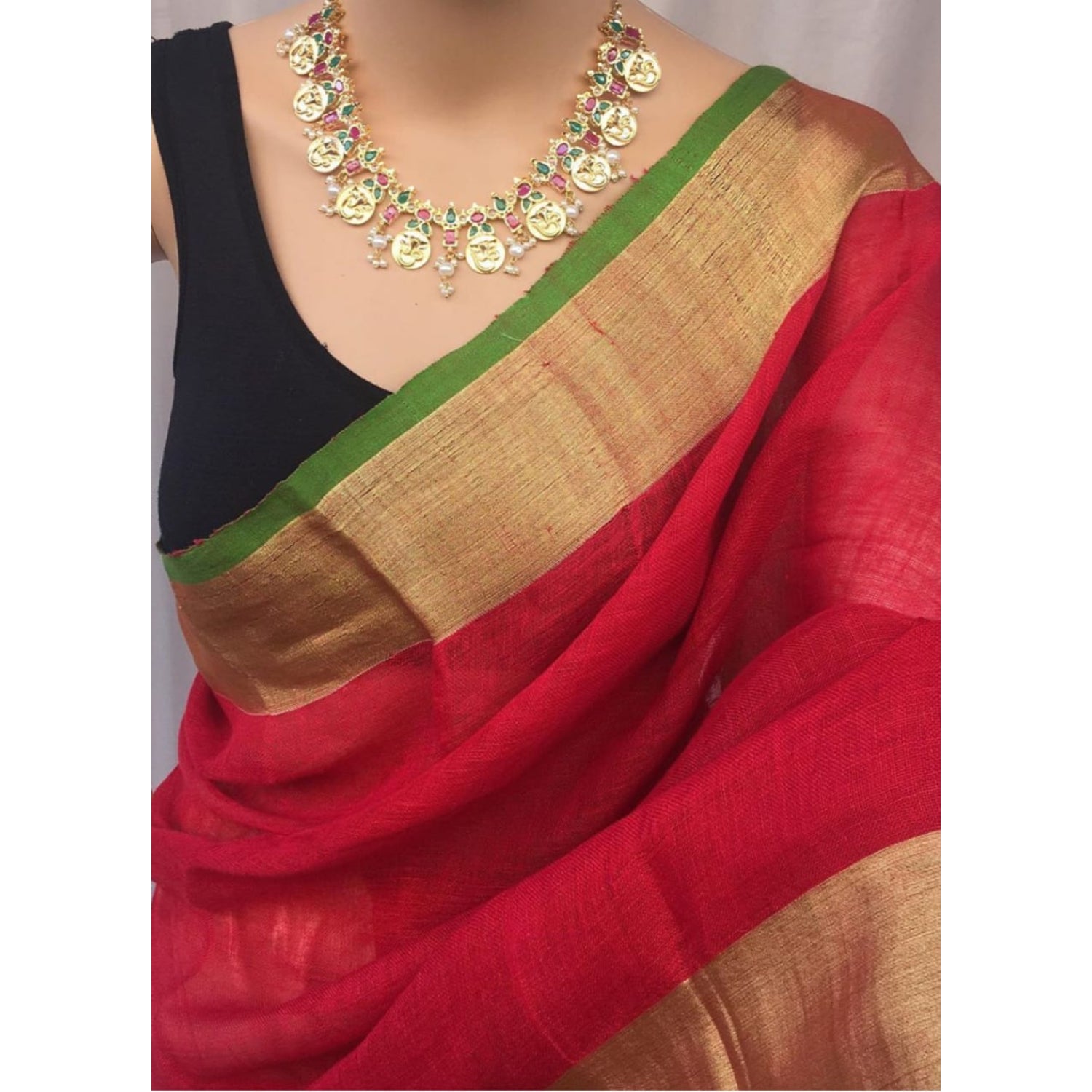 Ziyorah| Handwoven Pure Linen Red Saree With Blouse