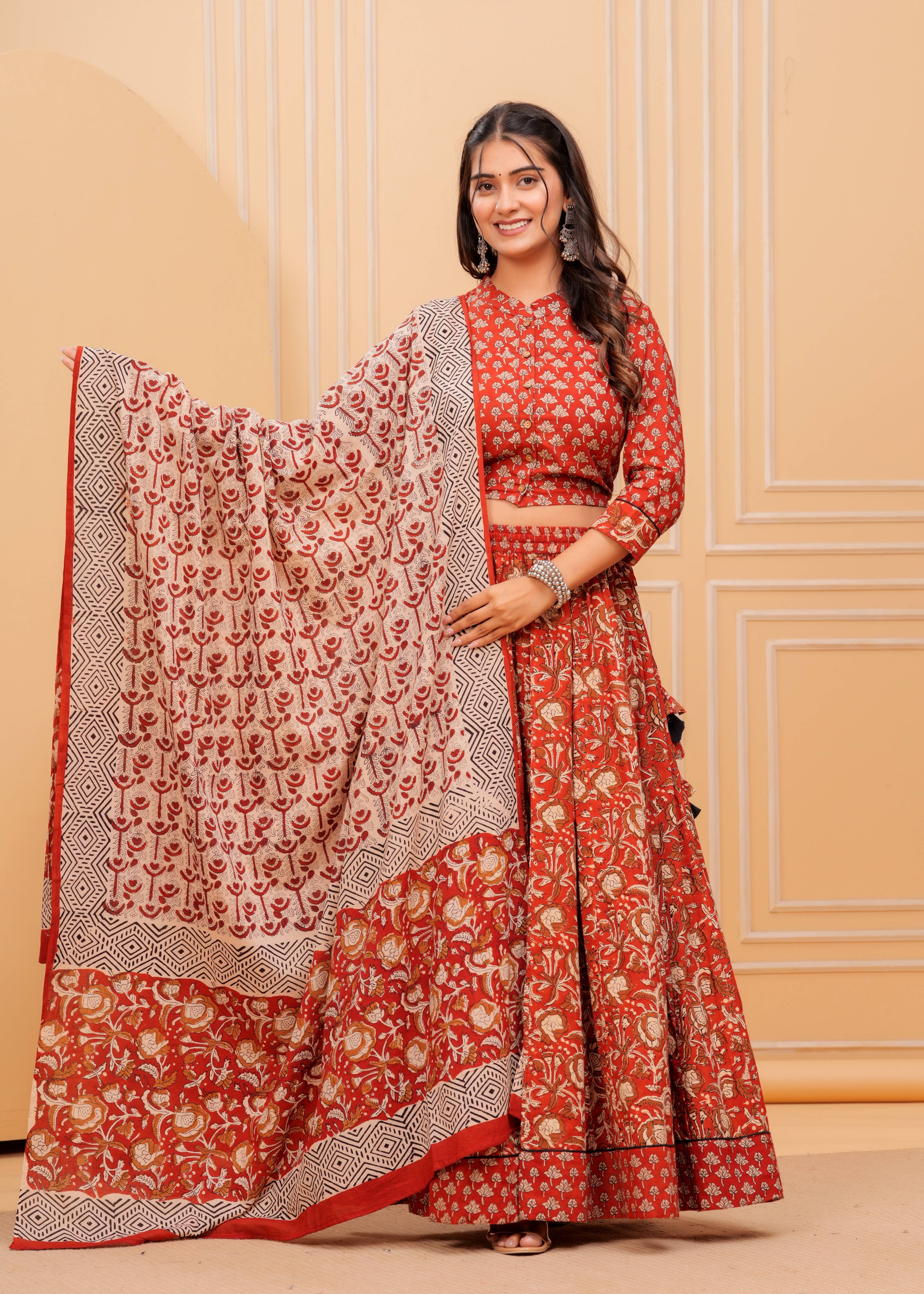 Ziyorah | Blockprinted Red Lehanga Choli Set