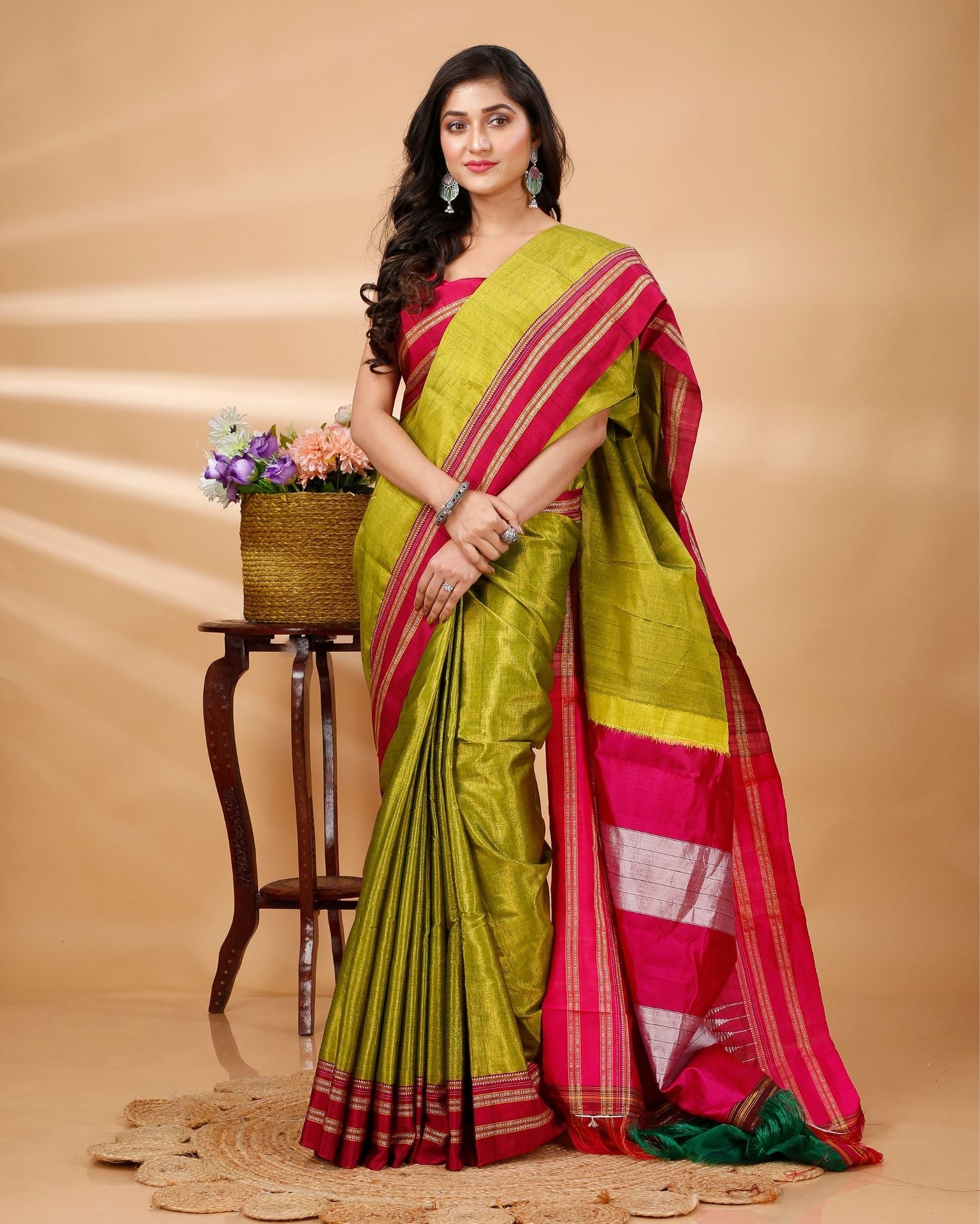 Ziyorah| Ilkal Handloom Cotton Silk Saree Olive Green Color With Running Blouse