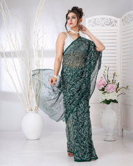 Ziyorah | Georgette Handcrafted Saree Dark Green Color Tepchi Work With Running Blouse